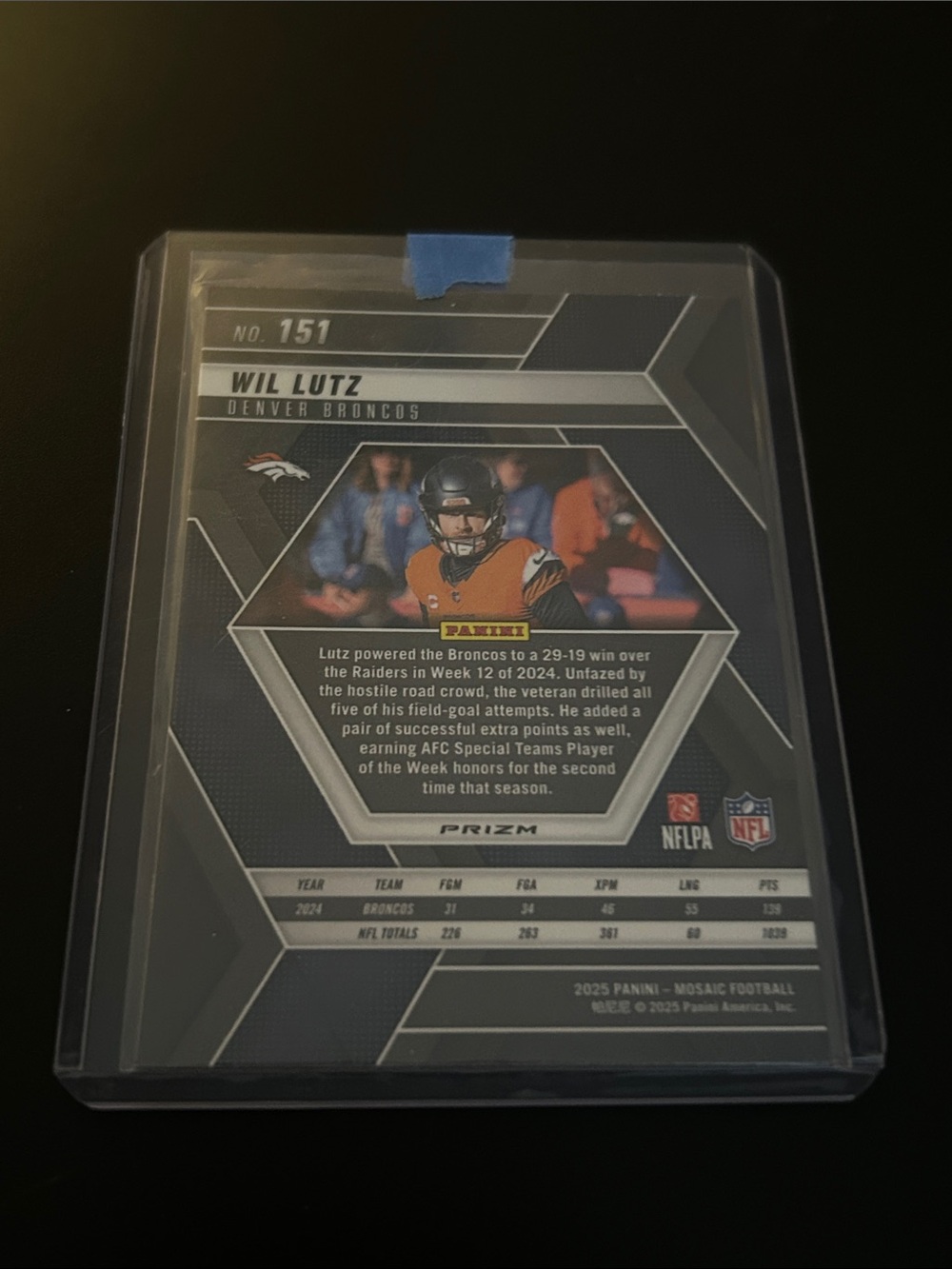 2025 WILL LUTZ PANINI MOSAIC SILVER PRIZM #151 (BRONCOS) - Picture 2 of 2